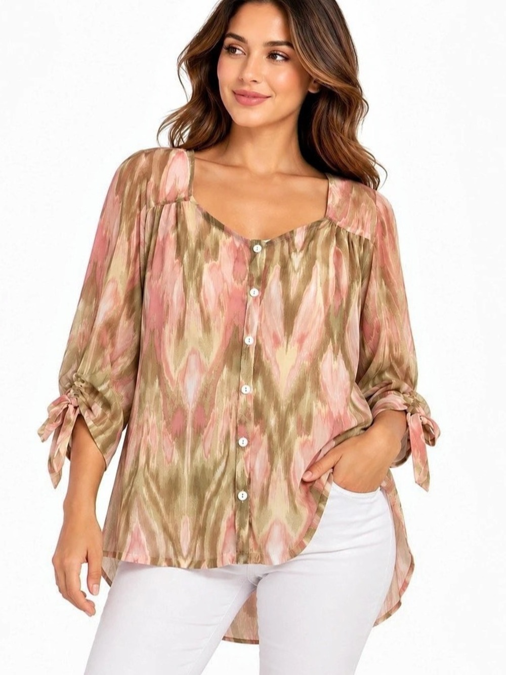 Miraclebody by Miraclesuit Floral Sheer Button Front Blouse Size Small Pink Oliv